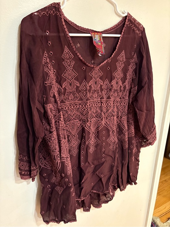Johnny Was Tops - Johnny Was Maroon Embroidered Eyelet Boho Hippie Tunic size large rayon